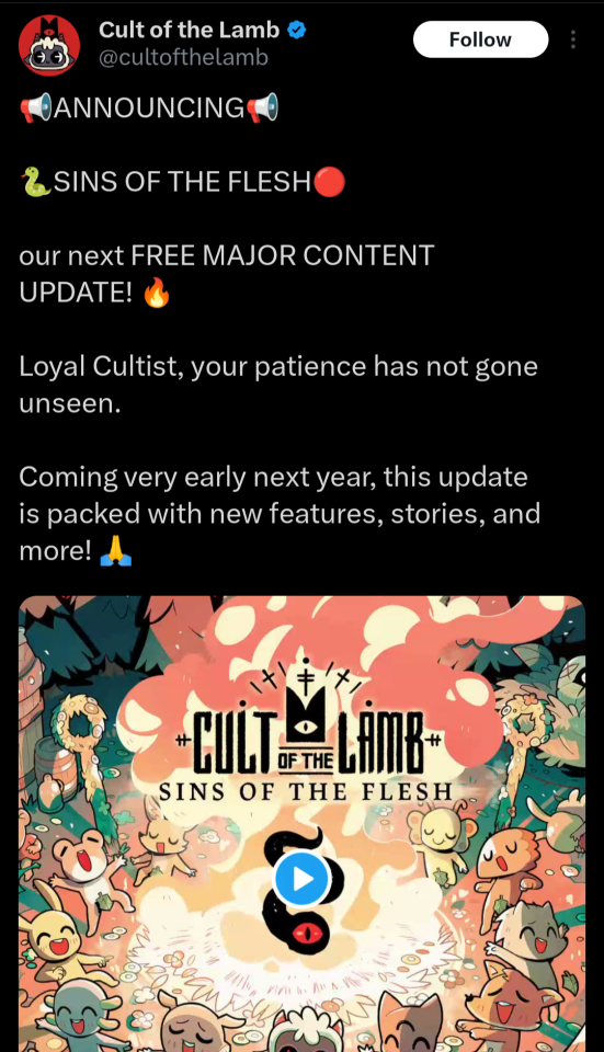 The “Next Free Major Content Update” from Cult of the Lamb is Sins of the  Flesh – Load the Game