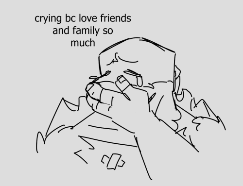 digital doodle of raph from rise of tmnt. he is crying with his eyes closed, hand covering mouth. text says "crying because love friends and family so much"