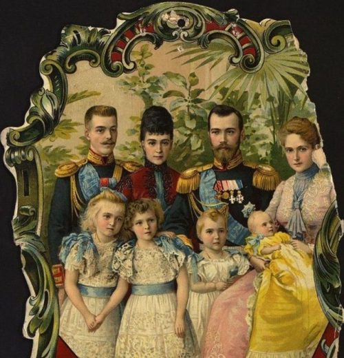 A calendar illustration of Tsar Nicholas II and his family. His younger brother Grand Duke Mikhail w
