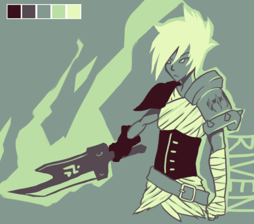 kazenorayne:  Havent drawn Riven in forever.. and I only realized i drew her shoulder armor wrong when i finished it OTL butwastoolazytochangeitimsorry ;u; Anyways here’s Riven with the #3 palette 