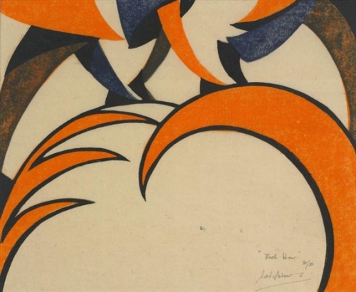 blastedheath:  Sybil Andrews (Canadian, 1898-1993), Rush Hour, 1930. Linocut printed in Chinese orange, Chinese blue and black, 209 x 251mm. Numbered 30/50. 