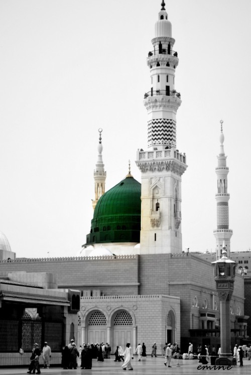 Black and White Shot of Masjid an-Nabawi with Selective Coloring of the Dome
