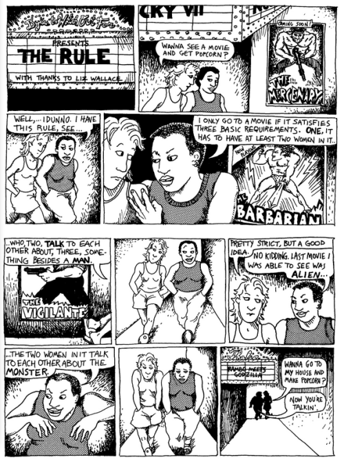 closet-keys:thatdiabolicalfeminist:bugblr:austinkleon:The Bechdel TestAlison Bechdel’s original 1985