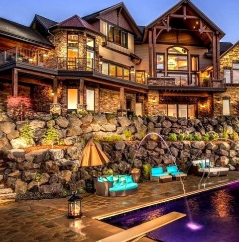 Lap SeattleHuge Mountain Style Backyard Concrete Paver And Rectangular Lap Pool Fountain Photo