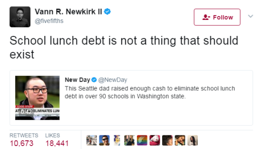 neddietrix:  destinyrush:  33-year-old Jeffery Lew, a father of three, raised over ว,000 to cover the cost of unpaid lunches in the Seattle School District, where his 8-year-old son is a student.   Source (x) Kids shouldn’t have to pay for their school