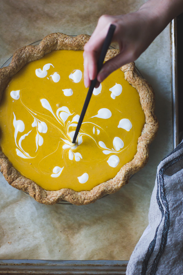 sweetoothgirl:  Pumpkin Buttermilk Pie with a Crème Fraîche Swirl {Gluten-Free}