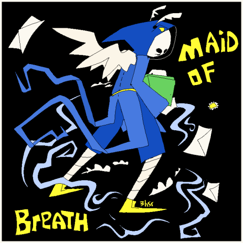 A drawing of Peregrine Mendicant standing with her back partially faced towards the point of view. She is dressed in a Maid of Breath outfit with two bird-like wings on her back, and is holding a green package. There is wind blowing envelopes and small clouds around her. Surrounding PM is text that says "MAID OF BREATH".