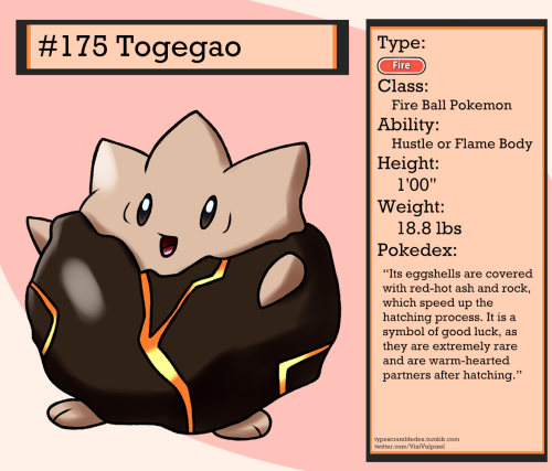 175 - TogegaoFire Ball Pokemon“Its eggshells are covered with red-hot ash and rock, which speed up t