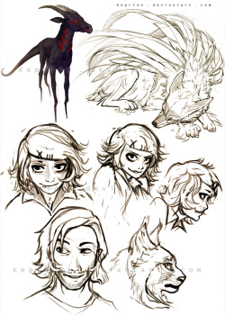 keprion:  sketches of Juzzou, my feonix, a demon goat, Jared, and a starter sketch to Nija Kato’s lynx character. c: 