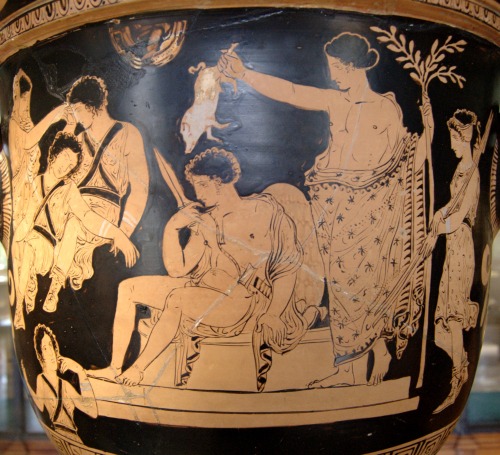 ancientart:Scenes from Aeschylus’s Oresteia portrayed on an Apulian red-figure bell-krater. This pla