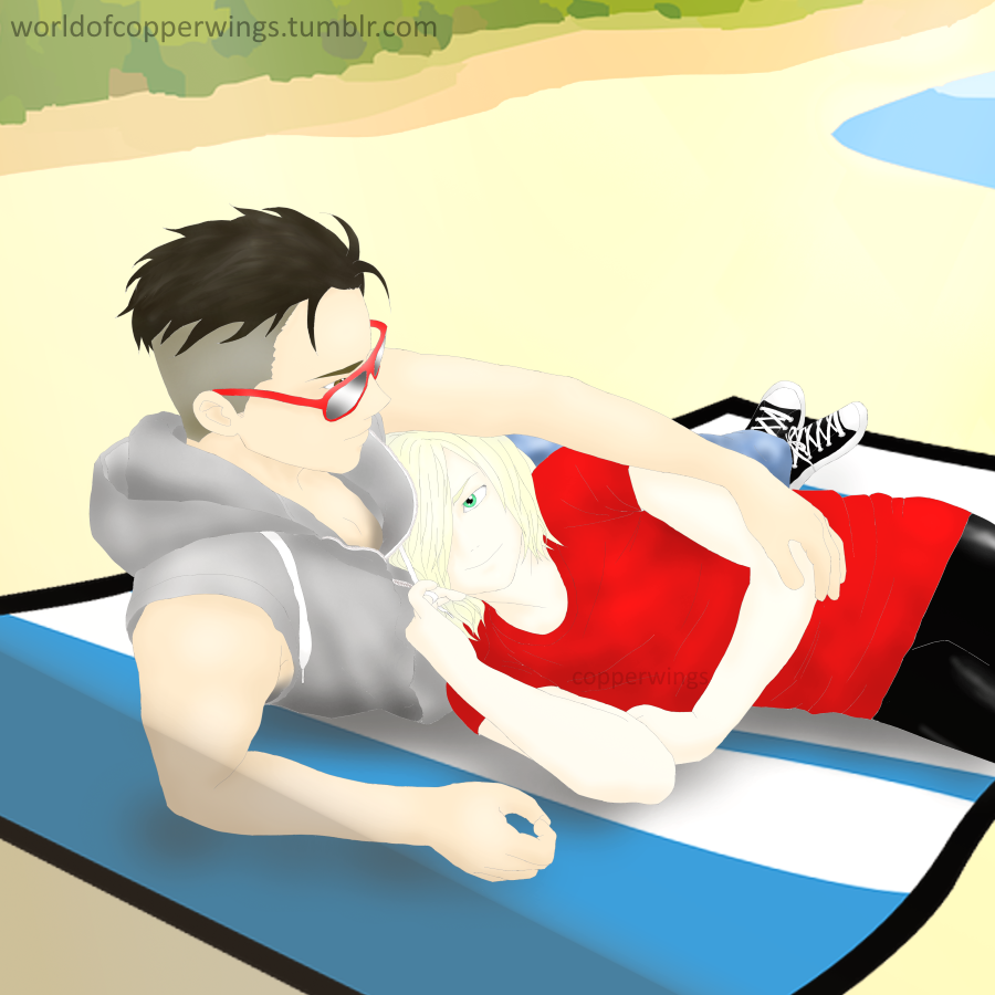 worldofcopperwings:Otayuri at the beach.Beka tries to look cool in his sunglasses