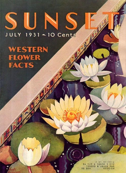 heaveninawildflower: Cover of ‘Sunset’ (July 1931) magazine with an illustration of a lily pond by H