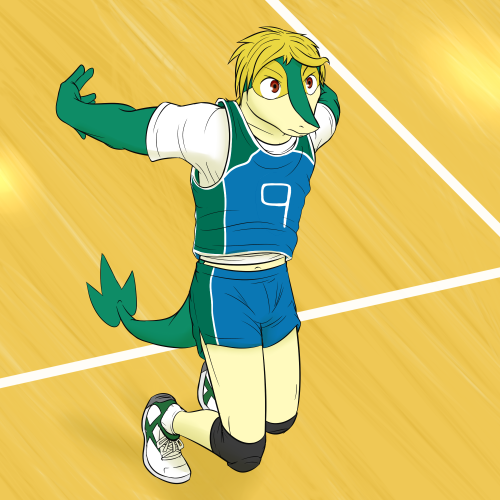 Pokeballers 2: Volleyball Boy SnivyContinuing with the pattern of taking mystery dungeon pokemon, and making them volleyball players is Forest, the snivy.  He’s laid back and a bit smug, but he doesn’t like losing.  He’s a middle blocker willing