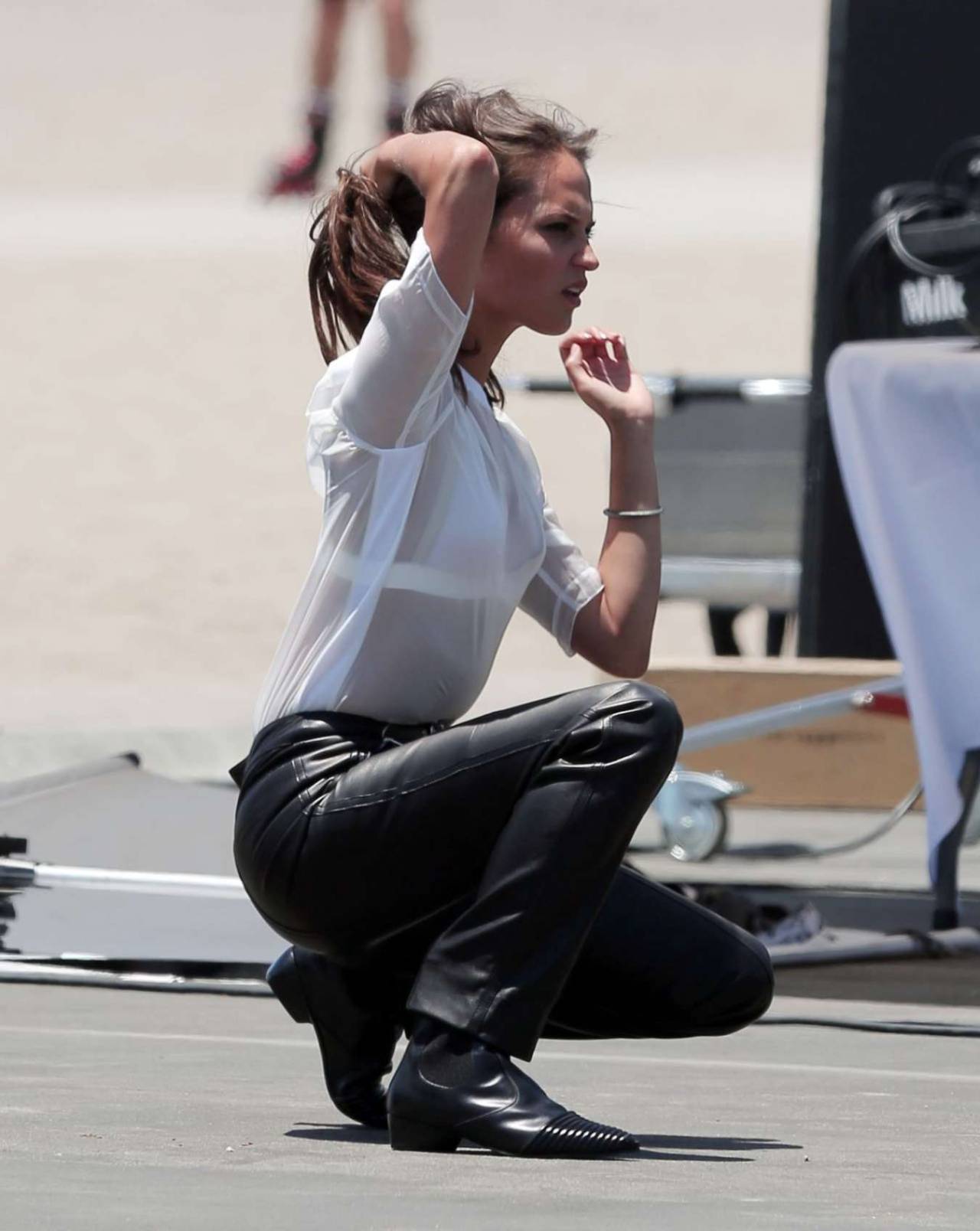 Women in Leather, Latex, and Corsets, Alicia Vikander in leather pants