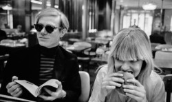 froody: Andy Warhol chilling with a cute girl who just happens to be Bibbe Hansen, indie film star and musician, also the mother to Beck Hansen, more widely known as Beck.