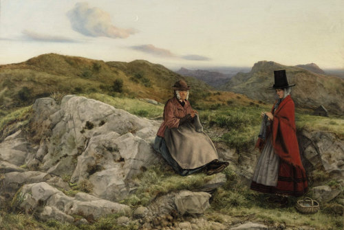 pre-raphaelisme:Welsh Landscape with Two Women Knitting by William Dyce, 1860