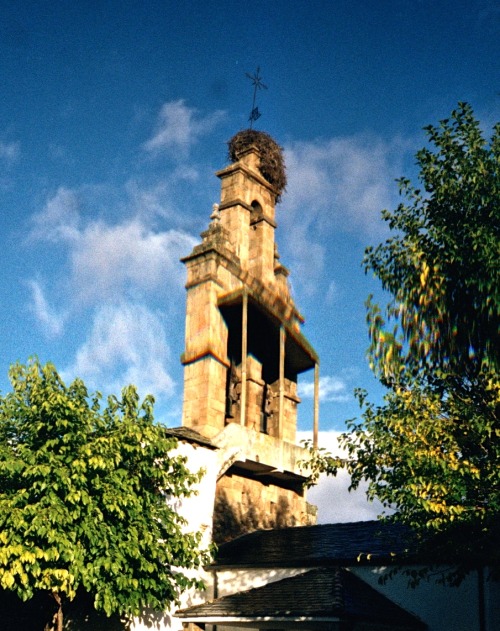 Campanario con la cigüeña Nido, Rabanal del Camino, León, España, 2001.The “flat” bell tower, almost