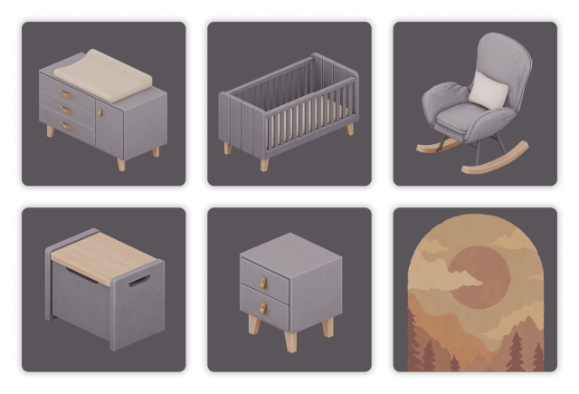Preview of 6 nursery items. The Sims 4 custom content by myshunosun.
