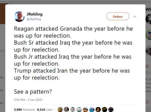 socialistexan: LBJ escalated the war in Vietnam right before the ‘64 election Clinton attacked Iraq to distract from his impeachment trial in ‘98 Obama attacked Libya and acted increasingly hawkish towards Syria before the 2012 election It’s not