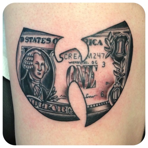 fuckyeahtattoos:  Dolla Dolla Bill Ya’ll, Wu Tang Tattoo done by Shawn Patton at Tried and True - Cleveland, OH - Instagram @shawnpattontattooer 