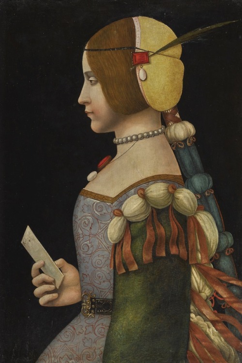 whoaart:Circle of Leonardo da Vinci. Portrait of a Lady in Profile. Oil, c1500.