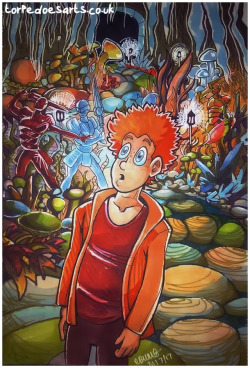 torpedoesarts:  My character. This is from a part of the story where he goes into the garden and gets dazzled by all the weird alien plants. I posted this on instagram, but it forced me to crop out most of the details! Here’s the un-cropped version.