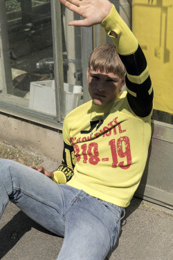 meninvogue:  Oscar Wadsager photographed by Amir Kuckovic for Vanity Teen Magazine. Oscar wears yellow blouse and jeans by J. Lindeberg, socks by H&amp;M, sandals by Teva, golden necklace by Bagatiba, silver necklace, earrings, heart earring, all by Jane