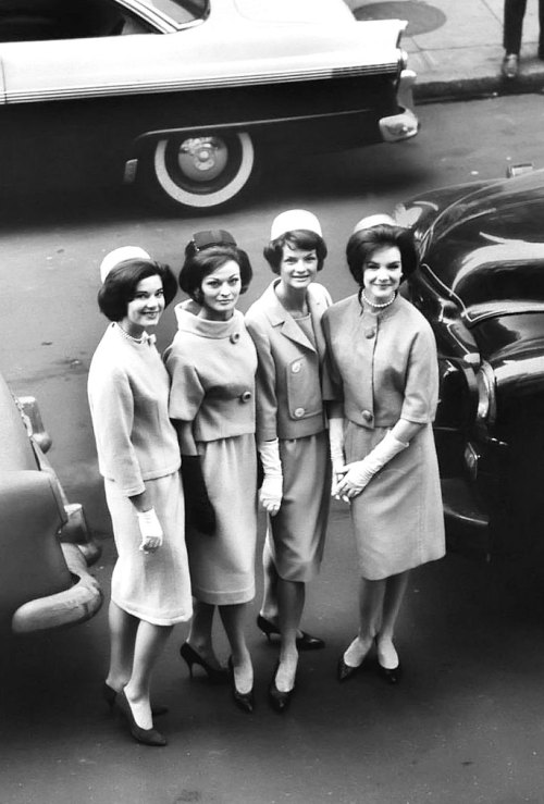 wehadfacesthen:The Jackie Look: models wearing suits and pillbox hats designed by Oleg Cassini as popularized by First Lady Jacqueline Kennedy, photo by Yale Joel, New York, 1961