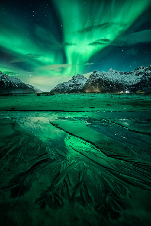 just–space:  Spectacular reflections of the Aurora Borealis over the frozen waters of Flakstadya island in the Lofoten archipelago  js 