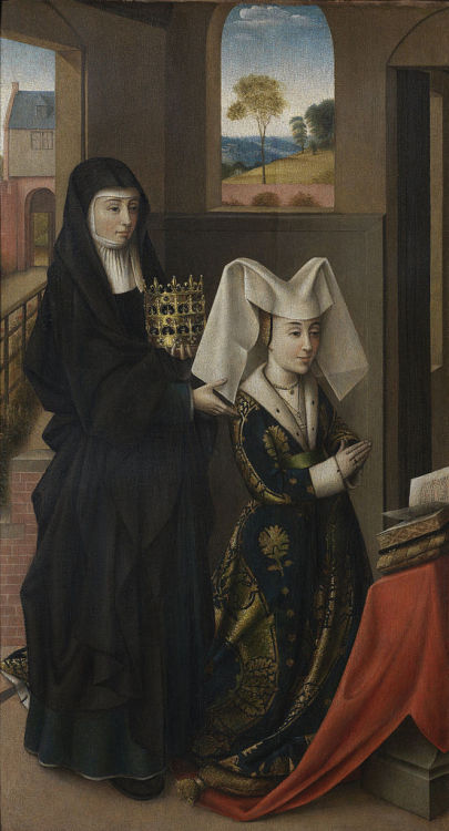 Isabel of Portugal,Duchess of Burgundy at prayer with St. Elizabeth standing behind Petrus Christus,