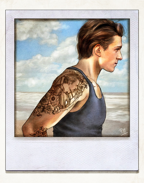 puppypeter:  petite-madame:  “In Loving Memory” (Peter Parker) - 2020  The spamming continues (sorry about that): Peter sporting a Tony tribute tattoo. I’m sure he would have another tattoo devoted to his family (his parents and Uncle Ben) on the