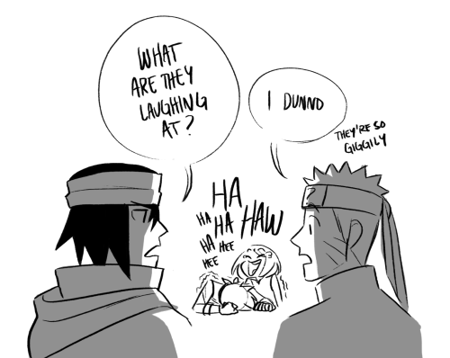 ksanon:  They could be laughing at: A - The tragic loss of Sasuke’s duck butt hair B - Sasuke’s tragic fashion choices or C - Sasuke in general [The answer is D - all of the above + the fact that Sasuke and Naruto was each other’s first kiss (Kakashi