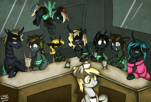 Commission for Darnel Again, Collabed with my wife Velexane. This picture contains alot of characters lets see here…Brann, Poinger, Call Center Derpy, Vaeyla, Pencil Scratch, Darnel, Ask Teen Chrysalis and finally Ask Serious RainbowdashEdit: They