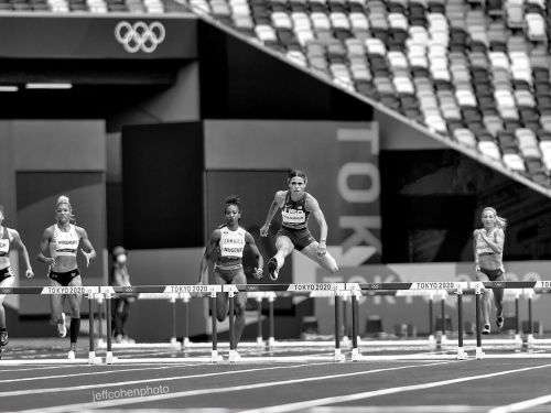 Sydney McLaughlin clears the final hurdle, round one, 400 meter hurdles, 2020 Tokyo Olympic Games. #