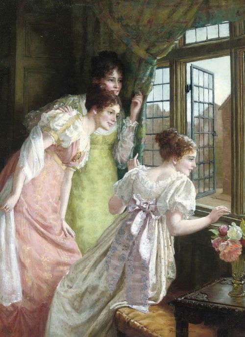 The squire’s arrival [aka, Waiting for the suitor] by Mary E. Harding (GB, died 1916).
