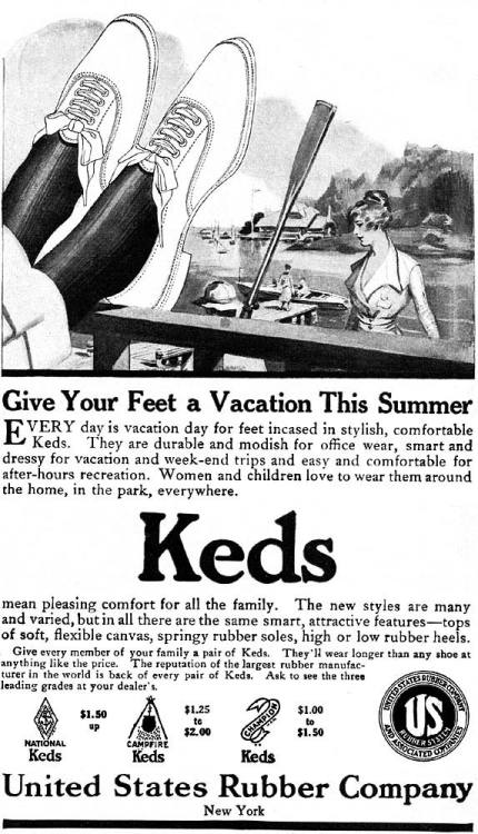 Keds, ad for the first rubber sneakers with canvas top, 1917. Made by U.S. Rubber Company. They got 