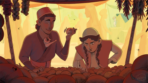 A digital illustration of Alek and Lilit in a market in Istanbul. They are looking at a fruit stand together. Alek holds up an orange, and Bovril, tucked into his shirt, reaches eagerly out towards out. In the background, Deryn lurks half-hidden behind a stack of crates.
