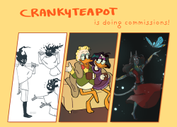 furiouskettle:   Commissions are open until the 4th of september!  Rules Please provide a reference for original characters! it doesn’t have to be a full-on character sheet, any depiction of the character should do! I will charge 50% extra if i have