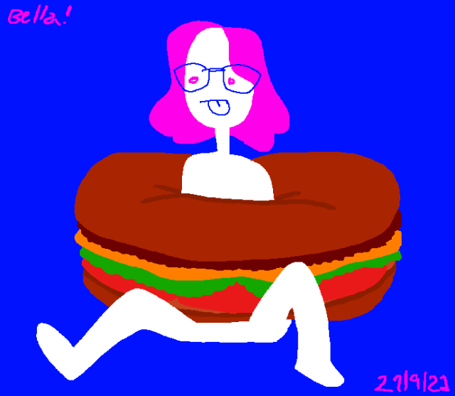 a vivid white person with pink hair stuck in a cheeseburger. they have their tongue out as their body pops out on the top of the burger. the background is indigo