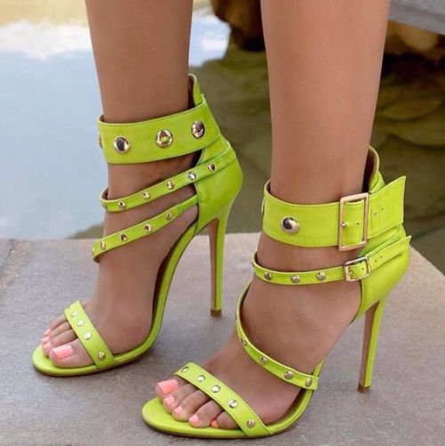 catch-the-fire - Rivets Straps Stiletto Heel Open-toe Ankle...