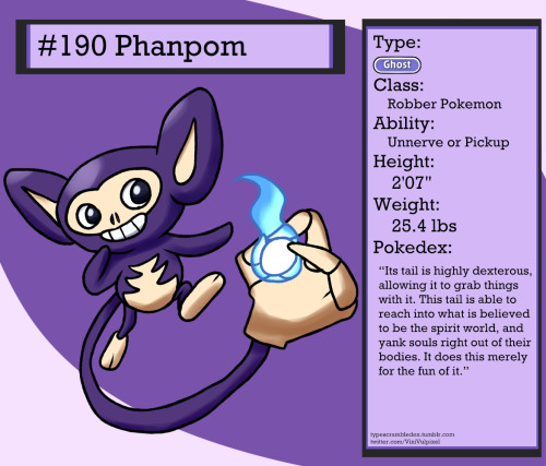 190 - PhanpomRobber Pokemon“Its tail is highly dexterous, allowing it to grab things with it. This t