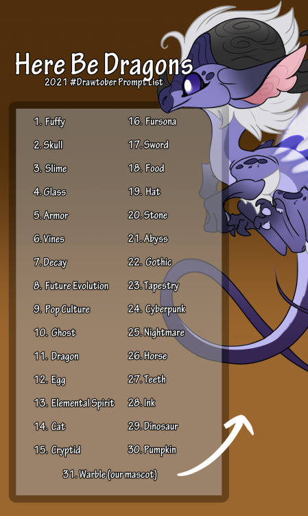 My discord server, Here Be Dragons, is doing Drawtober! This is our prompt list, if anyone would lik