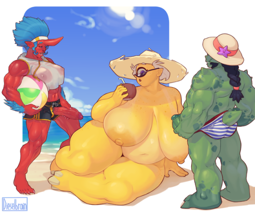 dieselbrain: Finally finished this pic of Sucy hanging out at the beach with two goobers. They help her apply sunscreen too. how helpful! good friends. make sure to apply sunscreen its good for your skin!  if you like this pic, consider supporting my