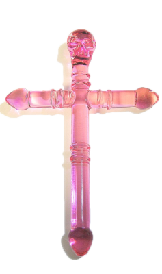 transphat: Pink pyrex glass cross dildo with
