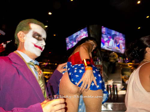  Oct 2015On Friday night we hit Carnaval Court for their pre-Halloween party and costume contest. For some reason, Moment always ends up bending over the bar (and never wears panties); and it never fails that a friend lifts her skirt for a show. Not that