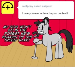 askpun:  I don’t enter the pun contests, that would take all the fun out of it for the other contestants! I’d rather be a judge and help enable more puns than just tell them myself! That pony on stage is Vaudeville, who is one of my comedic mentors!