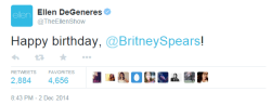 bspears-news:  Ellen DeGeneres wishes Britney a happy birthday!