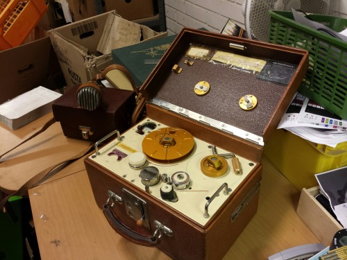 Maihak Reportofon MMK1, 1950. Vintage Reel to Reel Field Recorder, and contemporary microphoneEngrav