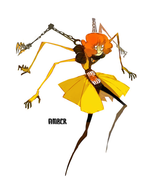 sticksandsharks:  GEMSONA FUSION #2, with Static.  Adamite + Andalusite = AMBERStatic came up with the entire spider theme and it was brilliant to work with. Amber’s weapon (which I didn’t draw oops) is a net. the fourth set of clockwork-ish limbs
