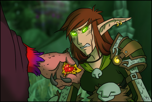 xuza:  Something of a continuation of this comic…! After he lost his amulet, Vronaak fled before Evadriel could really say anything to him. She wasn’t mad about what he was, just mad that he had lied. While he was gone she fished the amulet out of